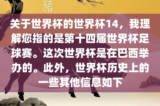 关于世界杯的世界杯14，我理解您指的是第十四届世界杯足球赛。这次世界杯是在巴西举办的。此外，世界杯历史上的一些其他信息如下