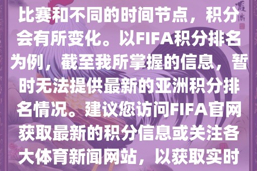 关于世界杯亚洲积分，不同的比赛和不同的时间节点，积分会有所变化。以FIFA积分排名为例，截至我所掌握的信息，暂时无法提供最新的亚洲积分排名情况。建议您访问FIFA官网获取最新的积分信息或关注各大体育新闻网站，以获取实时的世界杯亚洲积分排名。