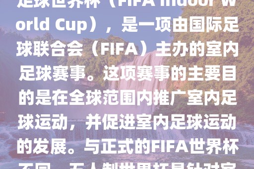 五人制世界杯，也被称为室内足球世界杯（FIFA Indoor World Cup），是一项由国际足球联合会（FIFA）主办的室内足球赛事。这项赛事的主要目的是在全球范围内推广室内足球运动，并促进室内足球运动的发展。与正式的FIFA世界杯不同，五人制世界杯是针对室内足球的比赛。