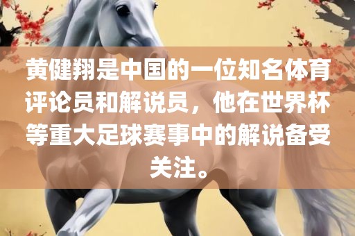 黄健翔是中国的一位知名体育评论员和解说员，他在世界杯等重大足球赛事中的解说备受关注。