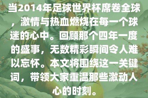 当2014年足球世界杯席卷全球，激情与热血燃烧在每一个球迷的心中。回顾那个四年一度的盛事，无数精彩瞬间令人难以忘怀。本文将围绕这一关键词，带领大家重温那些激动人心的时刻。