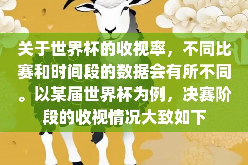 关于世界杯的收视率，不同比赛和时间段的数据会有所不同。以某届世界杯为例，决赛阶段的收视情况大致如下