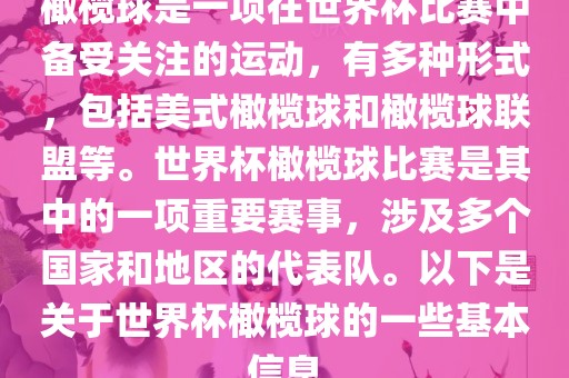 橄榄球是一项在世界杯比赛中备受关注的运动，有多种形式，包括美式橄榄球和橄榄球联盟等。世界杯橄榄球比赛是其中的一项重要赛事，涉及多个国家和地区的代表队。以下是关于世界杯橄榄球的一些基本信息