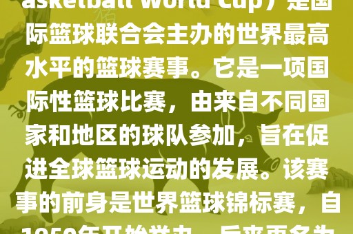 国际篮联篮球世界杯（FIBA Basketball World Cup）是国际篮球联合会主办的世界最高水平的篮球赛事。它是一项国际性篮球比赛，由来自不同国家和地区的球队参加，旨在促进全球篮球运动的发展。该赛事的前身是世界篮球锦标赛，自1950年开始举办，后来更名为篮球世界杯。