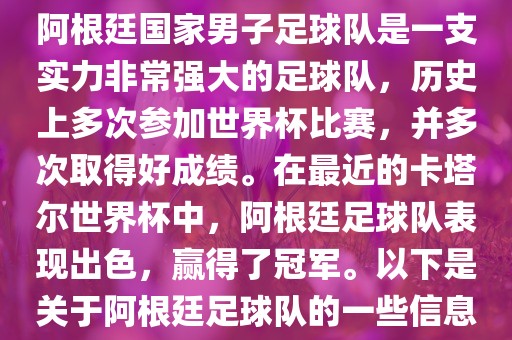 阿根廷国家男子足球队是一支实力非常强大的足球队，历史上多次参加世界杯比赛，并多次取得好成绩。在最近的卡塔尔世界杯中，阿根廷足球队表现出色，赢得了冠军。以下是关于阿根廷足球队的一些信息