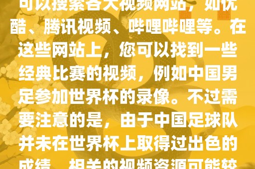 关于中国足球世界杯的视频，您可以搜索各大视频网站，如优酷、腾讯视频、哔哩哔哩等。在这些网站上，您可以找到一些经典比赛的视频，例如中国男足参加世界杯的录像。不过需要注意的是，由于中国足球队并未在世界杯上取得过出色的成绩，相关的视频资源可能较少。