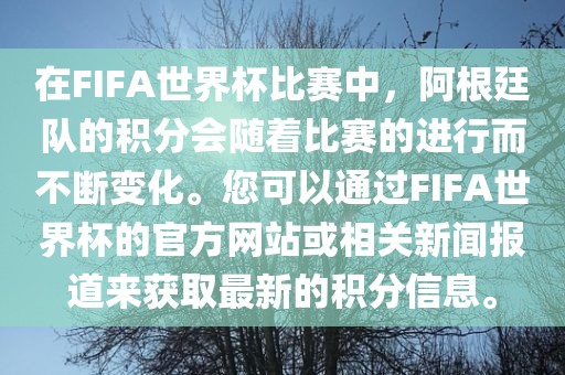 在FIFA世界杯比赛中，阿根廷队的积分会随着比赛的进行而不断变化。您可以通过FIFA世界杯的官方网站或相关新闻报道来获取最新的积分信息。