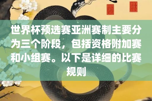 世界杯预选赛亚洲赛制主要分为三个阶段，包括资格附加赛和小组赛。以下是详细的比赛规则